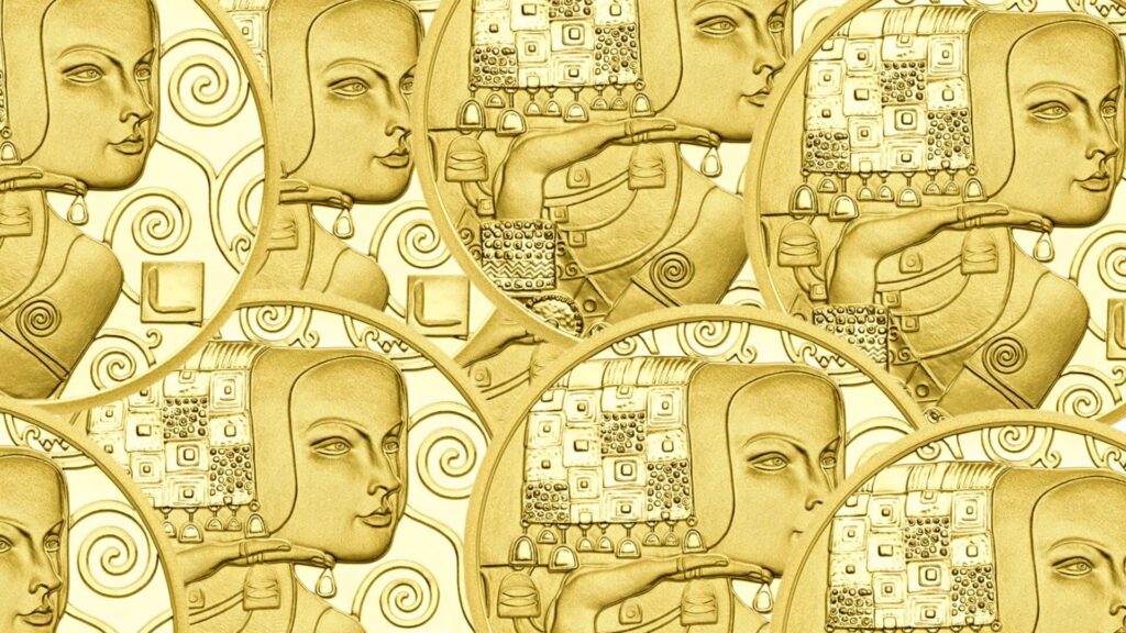 Gustav Klimt arany ihlette művészeti motívum arany színben, bonyolult részletekkel és elegáns vonalakkal díszítve.