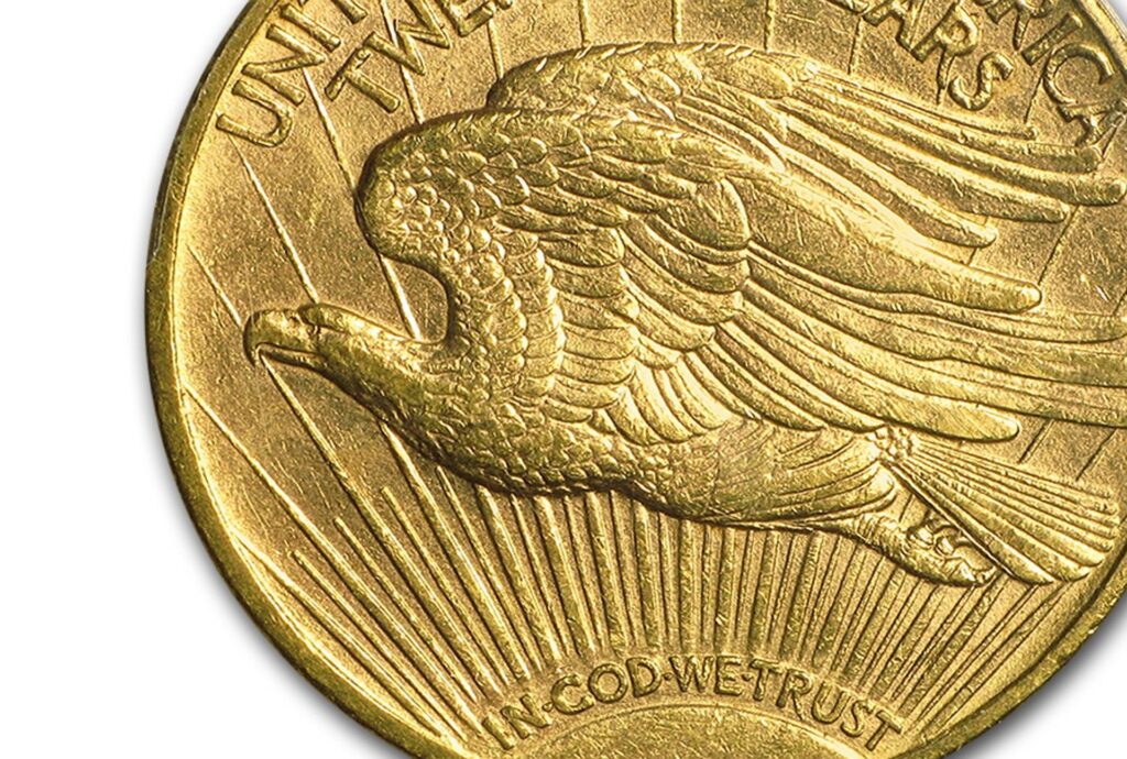 Amerikai Egyesült Államok 20 dolláros aranyérme, Sas motívummal, részletgazdag kidolgozásban. In God We Trust felirattal.