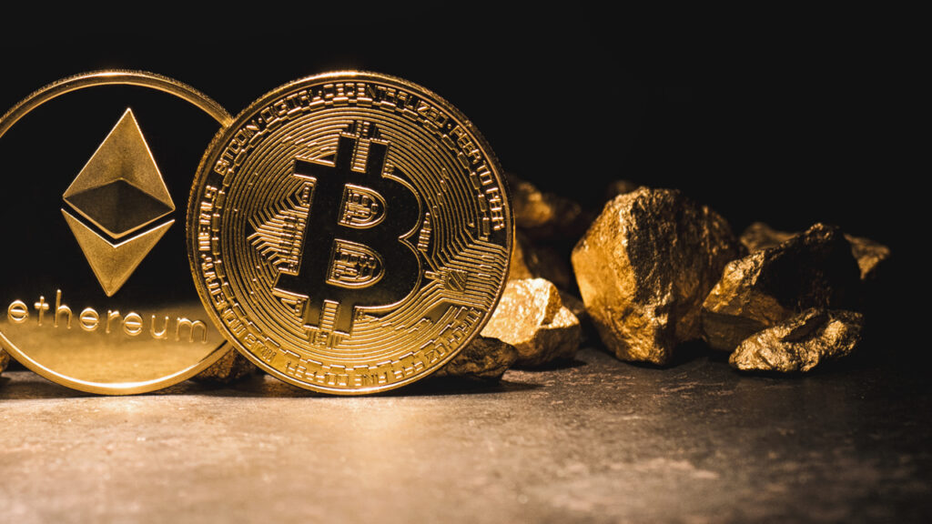 Bitcoin és Ethereum érmék aranyrudakkal, a kriptovaluták és az arany, mint biztonságos menedék eszközök bemutatása.