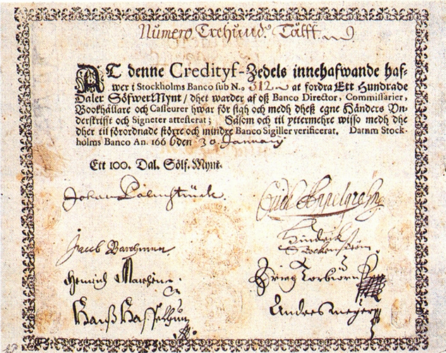 1661-ből származó svéd bankjegy, amely az aranyalapú pénzügyi rendszer történelmi jelentőségét hangsúlyozza.