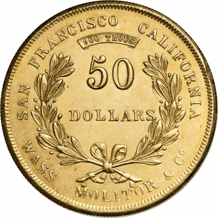 Egy „magyar” 50
dolláros a vadnyugatról, a Wass & Molitor finomító és pénzverede terméke,
San Francisco 1855 
