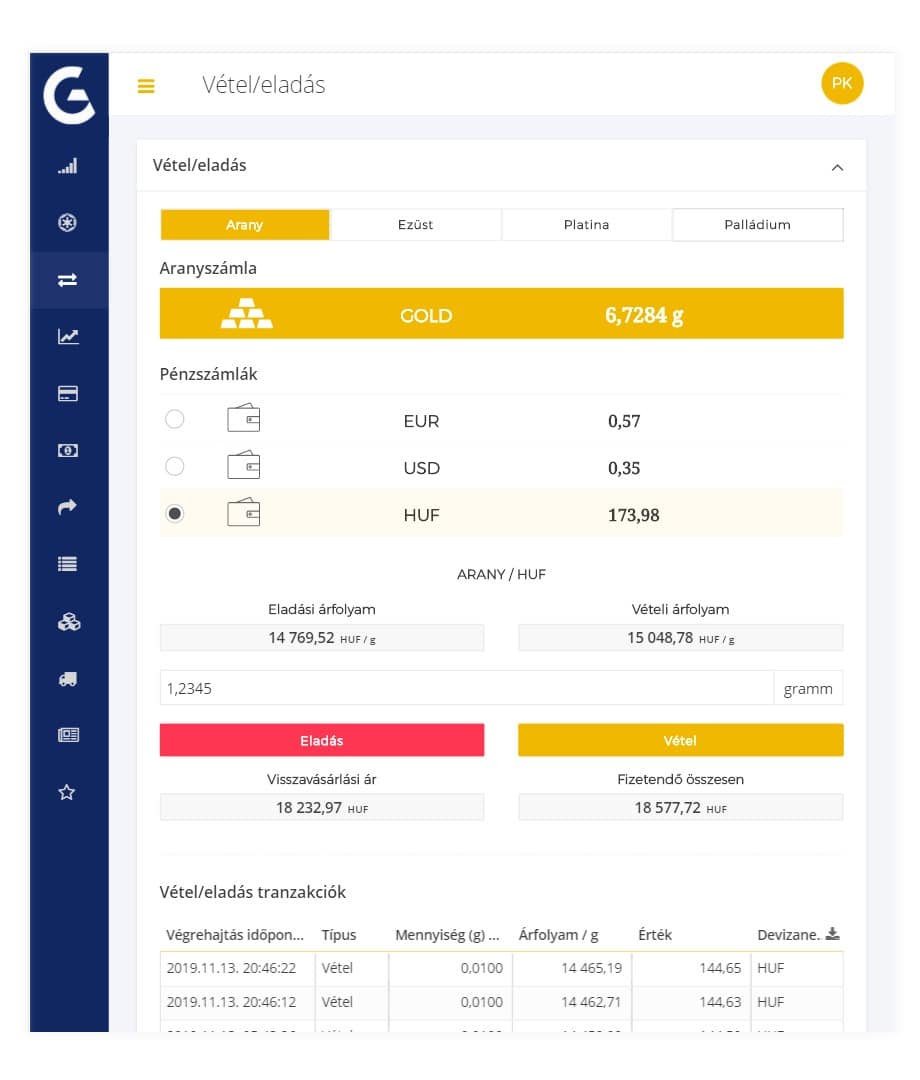 Arany és ezüst vétel-eladás platform, aktuális árfolyamokkal, tranzakciók áttekintése, online befektetési eszköz. Goldtresor.com