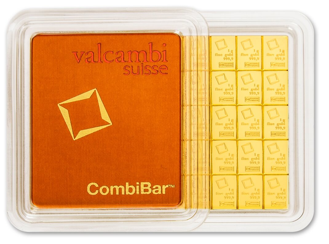 Valcambi CombiBar 1 grammos aranylapkák, 999,9 finomságú befektetési arany, osztható kivitelben, praktikus és biztonságos tároláshoz.