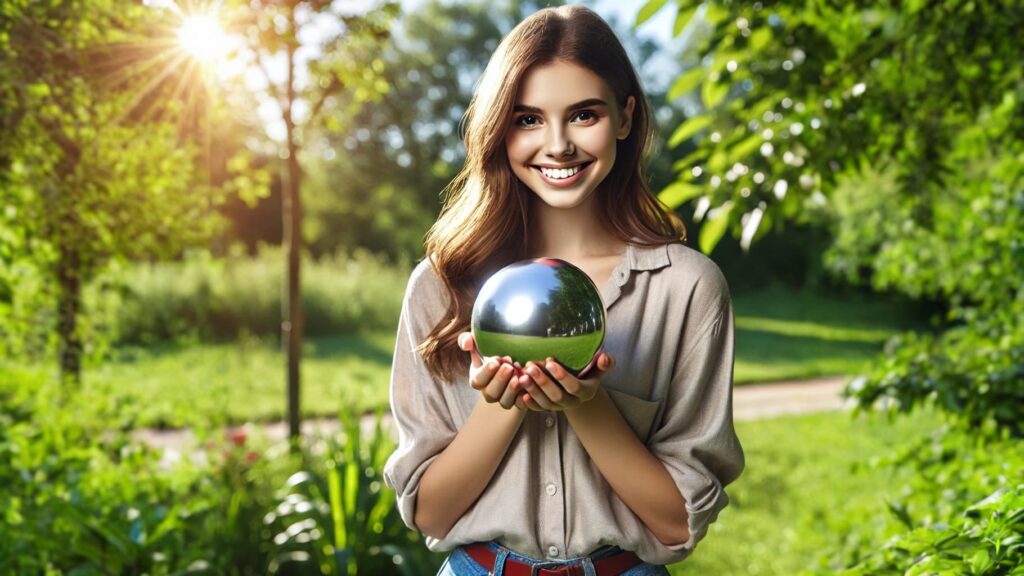 a young woman with a cheerful and optimistic expression standing outdoors in a natural setting holding a shiny sphere in her hands