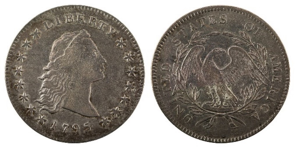 Az Egyesült Államok 1795-ös ezüstérméje, előlapján a Liberty, hátoldalán pedig egy sas látható, történelmi jelentőséggel. 