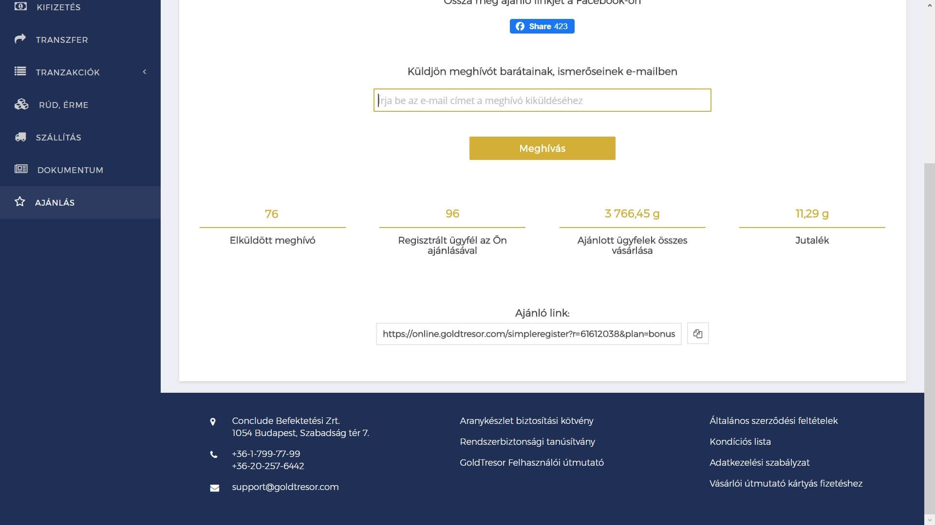 Ajánlási rendszer felülete, GoldTresor platform, meghívók és jutalékok részletezése.