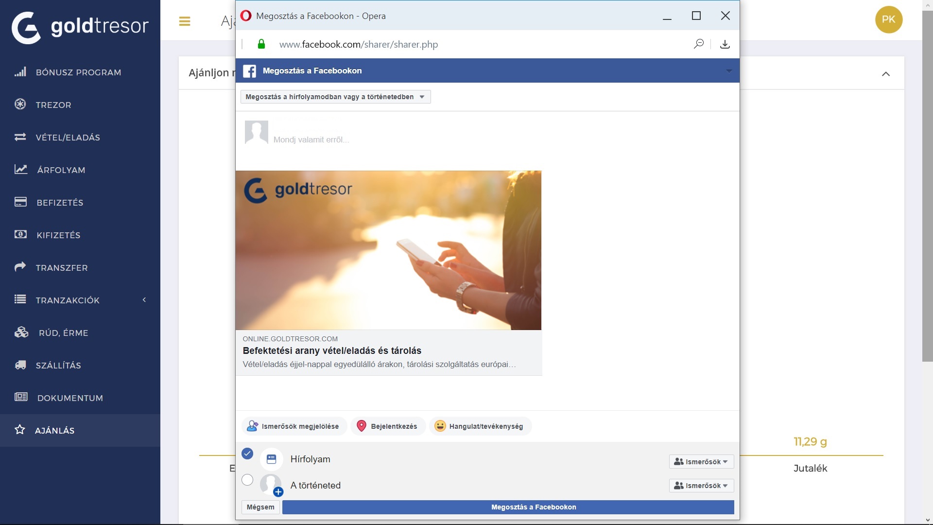 Goldtresor arany vétel/eladás szolgáltatásának Facebook megosztási funkciója, modern kezelőfelülettel és könnyű navigációval.