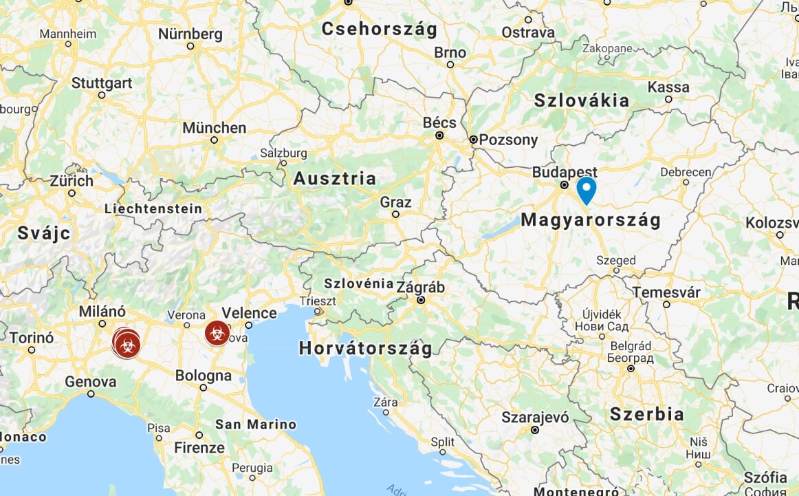 Koronavírus terjedése Európában 2020 február 24-én, kiemelt fertőzési gócpontokkal Olaszország területén.