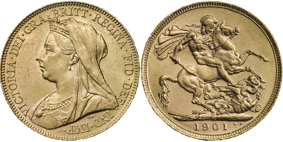 Victoria aranyérme, brit Sovereign 1901, klasszikus dizájn, Szent György és a sárkány ábrázolásával, gyűjteményi érték.