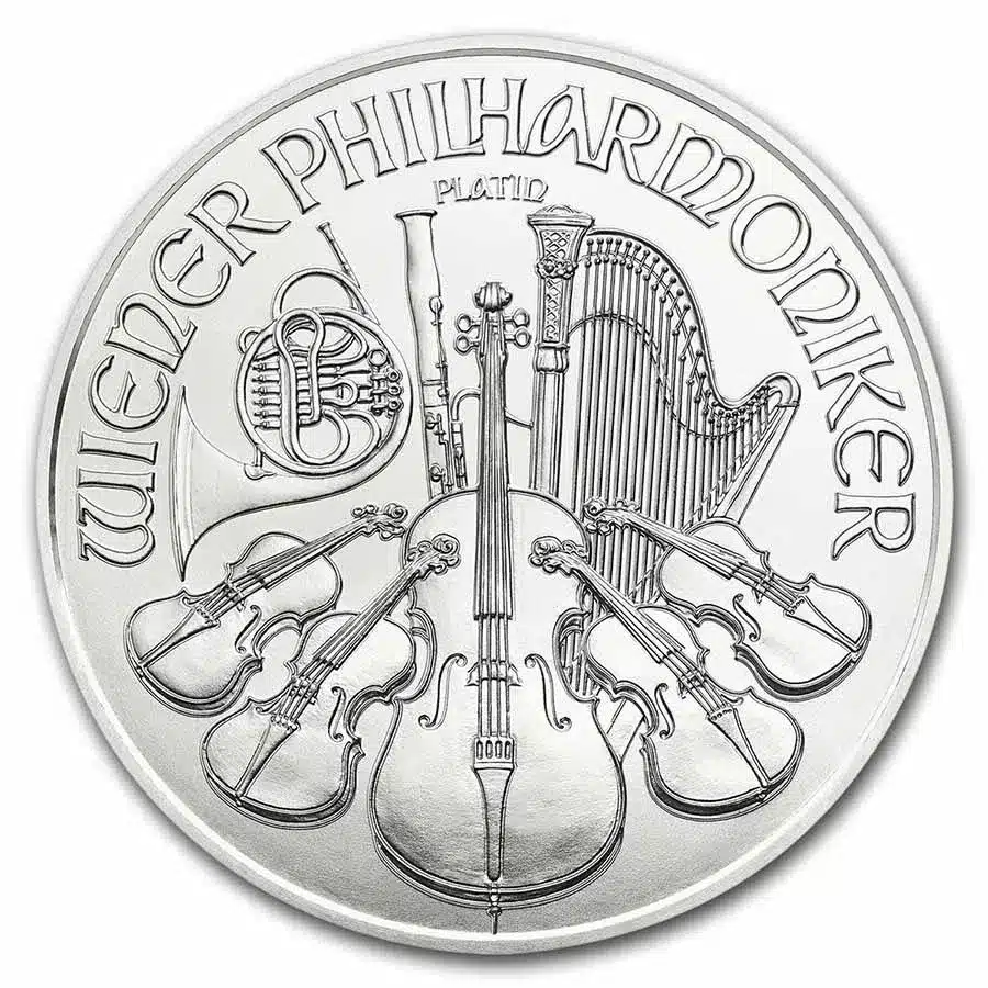 Platina befektetési érme a bécsi Münze Österreich, közkedvelt  'Bécsi Filharmonikusok' sorozatából.